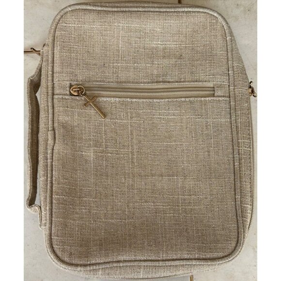 Beige Silver Glittery Zip-Around Bible Cover w/Zip Pocket 100% Linen 10.5" Tall - Picture 1 of 10